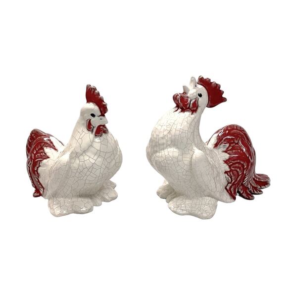 Vintage Enameled Ceramic Figurines - Rooster and Hen - Picture 1 of 7